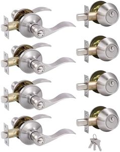 GITRANG (4 Pack Keyed Alike Front Door Lever Lockset with Single Cylinder Deadbolt Combination Set， Wave Style Lever, Front Door/Exterior Door Knob with Lock and Deadbolt，Satin Nickel Finished