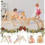 FUNLIO Foldable Pikler Triangle Set (3 Piece), Montessori Climbing Set with Solid Wood for Toddlers 2-6 yrs, Adjustable 5-in-1 Indoor Play Gym with Arch/Slide/Climbing Rock/Triangle, Easy to Install