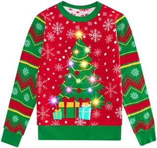 Enlifety Boys Light Up Christmas Sweaters Kids Ugly Sweaters Glow Xmas Tree Print Pullover Long Sleeve Tacky Sweater for Son Daughter 13-14 Years