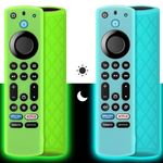 Pinowu Silicone Remote Case (2pcs, Glow in the Dark) for Firestick 4K Max/Toshiba/Insignia/Pioneer/Omni (QLED) Series Alexa Voice Remote Enhanced w/Lanyard (Green + Turquoise)