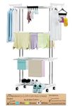 LIVINGBASICS 2 Icon Clips with 3 Layer Clothes Stand for Drying/Cloth Drying Stand/Cloth Stand for Drying Clothes Foldable/Cloth Drying Stand for Balcony/Stainless Steel Dryer Rack (Snow White)