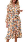 PRETTYGARDEN Women's Floral Print Boho Dress Long Sleeve Wrap V Neck Ruffle Belted A-Line Flowy Maxi Dresses (Floral Yellow,Small)