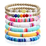 Focenat 7 Pcs Heishi Surfer Bracelets Set,Colorful Preppy Happy Smile Bracelets,Clay Stackable Boho Disc Bracelets,Friendship Jewelry Bracelets for Women Girls