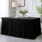 Spandex Rectangle Table Skirt 8 ft Black Table Cover with Skirt, Wrinkle-Resistant Ruffles Spandex Tablecloth One-Piece Table Covers for Wedding, Banquet, Birthday Parties