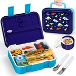 Lehoo Castle Kids Bento Lunch Box, 5 Compartments Lunchbox,1.25L Lunch Containers with Sauce Jar & Spoon & Fork for Boys Girls School, Leakproof, BPA-Free(Dinosaur)