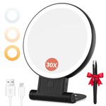 Auxmir 30X Magnifying Mirror, Double Sided 1X /30X Makeup Mirror with Light, Folding Lighted Rechargeable Beauty for Travel, Rotating 3 Color Lights, Dimmable Touch Screen, Black