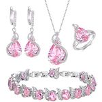 EVER FAITH Bridal Teardrop Cubic Zirconia Jewelry Set for Bride Bridesmaid, Glamour Pendant Necklace Earrings Tennis Bracelet Open Ring Set for Women Pink Silver-Tone