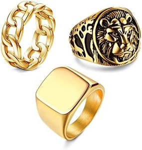 HANPABUM 3Pcs 14K Gold Plated Rings for Men Women Chunky Cuban Link Ring, Size 7-15