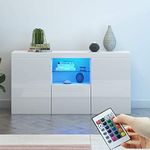 Panana High Gloss 3 Door Sideboard Cupboard with LED Lights Display Cabinet Storage Unit for Living Dining Room Bedroom Furniture (White)