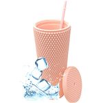 Nadia's Little Treasures Studded Tumbler Straw Lid - Plastic Double Walled Cold Cup for iced Coffee, Water, Slush or Smoothies, Your Home Cinema Cup (Matte Coral 24OZ / 700ml)