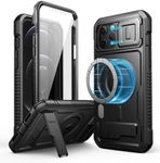 Dexnor Magnetic Bumper Case for iPhone 12 Pro Max, MagSafe Comapitble, Heavy-Duty Shockproof Full-Body Rugged Protective Cover with Kickstand & Camera Cover & Screen Protector - Black