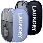 Pop-up Laundry Hamper, Foldable Pop-up Mesh Hamper Dirty Clothes Basket Collapsible for Storage and Easy to Open With Durable Handles (2, Black+Grey)