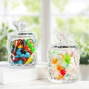 kanpura 2 Pack Small Candy Dish with Lid 7 Oz Decorative Crystal Glass Candy Jar with Lid Clear Covered Candy Bowl Retro Candy Jar for Home Kitchen Office Table