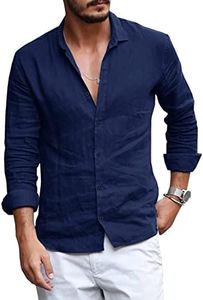 Runcati Mens Button Down Shirt Linen Cotton Shirts Casual Long Sleeve Spread Collar Lightweight Beach Plain Tops, 01 Navy, X-Large