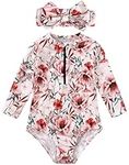 Happy Cherry Newborn Baby Girl Floral Swimsuit Cute Zip Front Rash Guard Sunsuit Beachwear Infant Long Sleeve Swimwear Set 6-12M