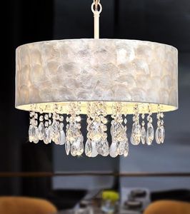 Q&S 4-Light 18“ Drum Capiz Shell Crystal Chandelier,UL Listed,Boho Coastal Modern Glam Luxe Adjustable Pendant Light Fixture for Dining Room Living Room Bedroom (White)
