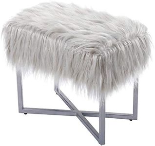 BIRDROCK HOME Rectangular Grey Faux Fur Foot Stool Ottoman with Grey Legs, Soft and Compact Padded Seat, Ideal as a Vanity Chair, Fluffy Makeup Seat for Bedroom, Modern Accent - Metal Construction