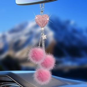 Pink Bling Car Accessories Interior for Women - Girly Crystal Car Rearview Mirror Decor, Cute Rinestones Diamond Para Carro de Mujer, Vehicle Mirror Decor Love Heart [Fuzzy Plush Ball]