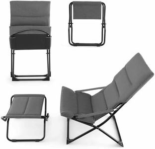 Costway Patio Folding Sling Chair with Ottoman, Outdoor Portable Lounge Chair with Footrest & Removable Cushion, Reclining Beach Chair & Ottoman Set for Deck, Garden, Poolside, Grey