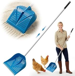 Chicken Poop Scooper & Rake 2-in-1, Adjustable Handle Length from 38" to 66", Features Manure Sifting Capability – Ideal for Chicken Coops and Farm Animal Cleaning (Blue)