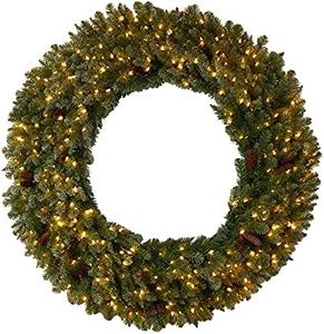 Nearly Natural 5ft. Flocked Artificial Christmas Wreath with Pinecones, 300 Clear LED Lights and 680 Bendable Branches