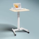 JIN OFFICE Pneumatic Height Adjustable Table Desk | Hydraulic Sit Stand Laptop Table with Wheels and Foot Pedal for Height Adjustment| Portable Laptop Standing Desk (White Frame with Maple Top)