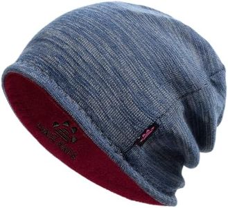 Lvaiz Winter Fleece Lined Knitted Beanie Hats for Men Reversible Windproof Watch Hat Warm Skull Cap for Women, Blue Grey+wind Red, One Size