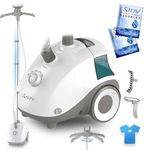 SALAV® Standing Steamer for Clothes, 1500W Powerful Garment Steamer with Roll Wheels, 4 Steam Settings, High Efficiency Stainless Steel Plate, with Limescale Remover Descaler Packets (White)
