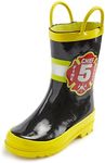 Puddle Play Toddler and Kids Waterproof Black Fire Chief Rubber Rain Boots Easy-On Handles - Size 9 Toddler