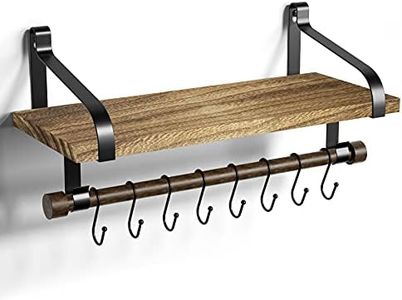 (Wall Shelf with Hooks) - Love-KANKEI Wall Shelf for Kitchen - Rustic Wood Kitchen Spice Rack with Towel Bar and 8 Removable Hooks for Organise Cooking Utensils