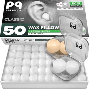 PQ Wax Ear Plugs for Sleeping, Swimming - 50 Noise Cancelling Silicone Gel Wax Earplugs, Ear Protection for Sleep and Swim, Soft Wax Pillows with Sound Blocking Level 32Db, (50 Pillows), Color: White