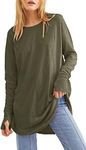 Fisoew Women's Casual Long Sleeve Tops Crew Neck Round Hem Loose T-Shirts Tunic Tops with Thumb Holes Army Green