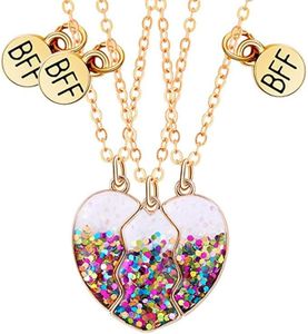 El Regalo 3 PCs BFF Best Friend Forever Split Heart Magnetic Matching Pendant Necklaces Set for Kids/Girls/Teens- Friendship Puzzle Necklaces Sets for Besties (Sparkly Off White Heart)