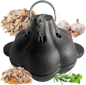 BOLVOUD Cast Iron Smoker Roaster & Garlic Baker, Pre-Seasoned Cast Iron Garlic Roaster for Grill Oven, Wood Stove Steamer, Cast-Iron Smoking Roaster for BBQ Smoky, Flavorful Vegetables, Wood Chips