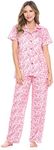 Casual Nights Women's Short Sleeve Long Pants Pajamas Set Floral Sleepwear & Loungewear Button Down Shirt PJ Set, Pink, Medium