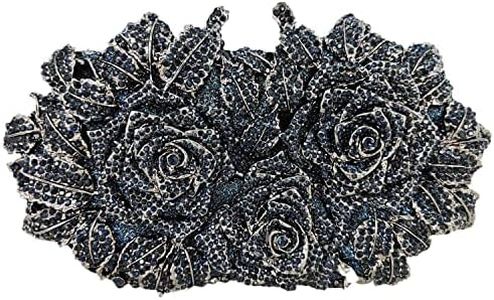 Boutique De FGG Dazzling Flower Evening Bags For Women Formal Party Rhinestone Handbags Wedding Crystal Clutch Purse,Navy Blue,Mini