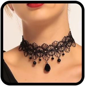Handcess Gargantilla de encaje negro collar colgante de cristal collares góticos hueco flor gargantilla accesorios de joyería para mujeres y niñas