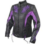 Xelement XS2027 Women's 'Gemma' Biker Black and Purple Leather Embroidered Jacket with X-Armor Protection - 4X-Large