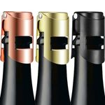 Champagne Stopper Stainless Steel Pack of 3, HYZ Bottle Sealer for Champagne, Cava, Prosecco and Sparkling Wine, Air-Tight and Leak-Proof Sparkling Wine Stopper Saver, Black, Gold, Rose Gold