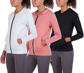 3 Pack: Womens Dry Fit Long Sleeve Full Zip Up Hoodie Jacket Ladies Athletic Running Track Workout Sports Yoga Pockets UPF Sun Shirt Rain Warm Sweat Up Winter Rain Lightweight Outerwear- Set 2, L