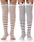 MOGGEI Womens Thigh High Fuzzy Socks Over Knee High Striped Stocking Stuffers Fluffy Cozy Slipper Fleece Gift Socks 2 Pairs (Brown & Black Striped)