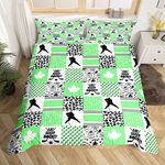 Ice Hockey Duvet Cover Queen Buffalo Plaid Decor,Pucks Sports Ball Games Bedding Set Gifts for Boys,Extreme Sport Comforter Cover for Hockey Player,Maple Leaf Bed Sets Canadian Flag Decor Green