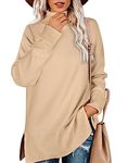 Aokosor Women Jumper Turtle Neck Tops for Ladies Ribbed Sweater Split Tunic Beige Size 14-16