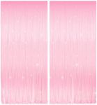 Pastel Pink Tinsel Curtain Backdrop, 3.28 x 8ft Extra Long Macaron Pink Foil Fringe Curtain with Extra Backup Tape, Party Decoration for Easter, Birthday & Photo Booth, 2 Pack