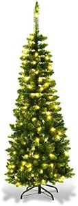 COSTWAY 4.5FT/5FT/6FT/6.5FT/7.5FT Pre-lit Slim Christmas Tree, Hinged Pencil Xmas Tree with Warm LED Lights, Foldable Metal Stand & Superior PVC Leaves, Holiday Decoration for Home and Shops(4.5FT)