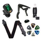 Meeland Guitar Accessories Kit, Clip On Guitar Tuner, Guitar Capo（Rosewood Colour）, Guitar String Winder Cutter Pin Puller 3 in 1 tool, Guitar Strap, 6 Guitar Picks(6 Thickness） (Black+Strap)