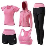 XPINYT 5pcs Workout Outfits for Women Athletic Sets Sport Suits Yoga Gym Fitness Exercise Clothes Jogging Tracksuits(Pink 03,L)