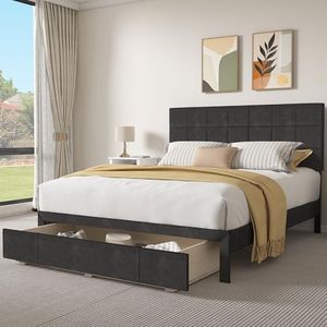 YITAHOME Queen Size Bed Frame with Drawer, Upholstered Bed Frame with Storage, Platform Bed with Velvet Headboard, No Box Spring Needed, Dark Grey
