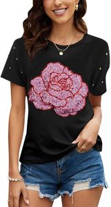 PESION Womens Sparkle Sequin Shirts Graphic Blouse Tops Short Sleeve Shiny Rave T- Shirts, Black+ Pink Rose, 3X-Large