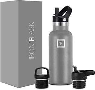IRON °FLASK Bouteille d'eau de sport à bouche étroite - 16 oz, 3 couvercles (couvercle en paille), acier inoxydable isolé sous vide, chaud froid, moderne à double paroi, tasse thermo simple